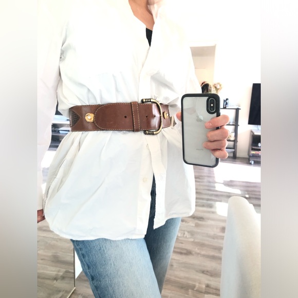 Vintage Brown Leather Wide Belt Gold Rhinestone by Robinia Size 80/Small - Picture 2 of 6